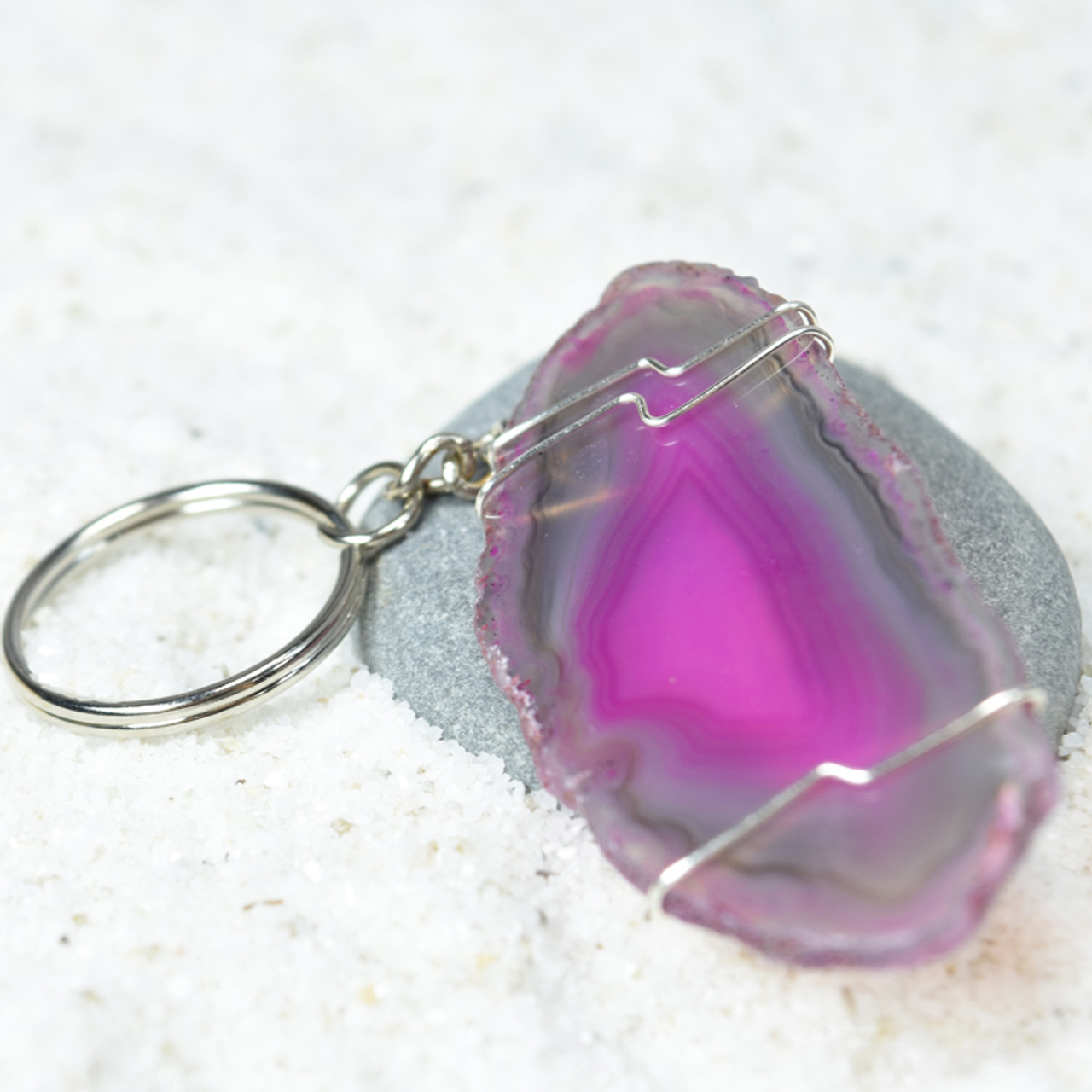 Pink Sliced Agate Key Ring