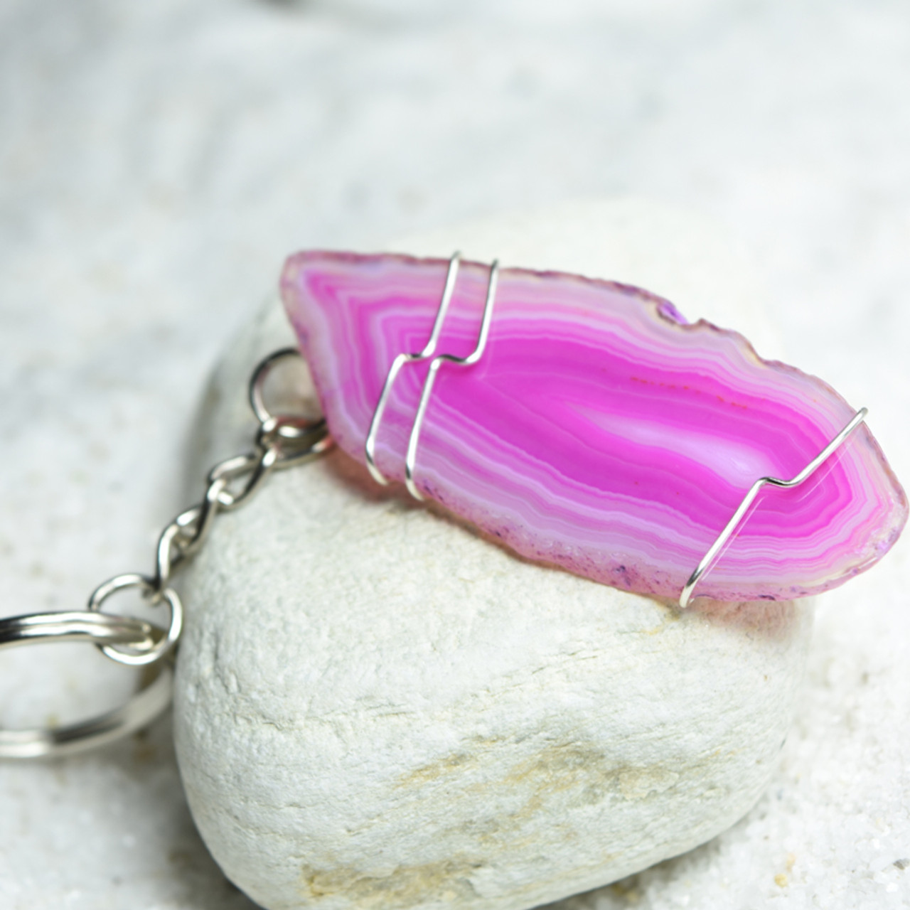 Pink Agate Slice Key Ring