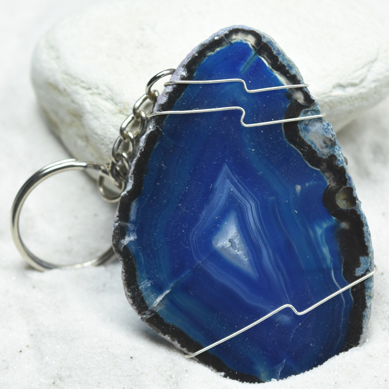 Wire Wrapped Blue Agate Slice Keychain