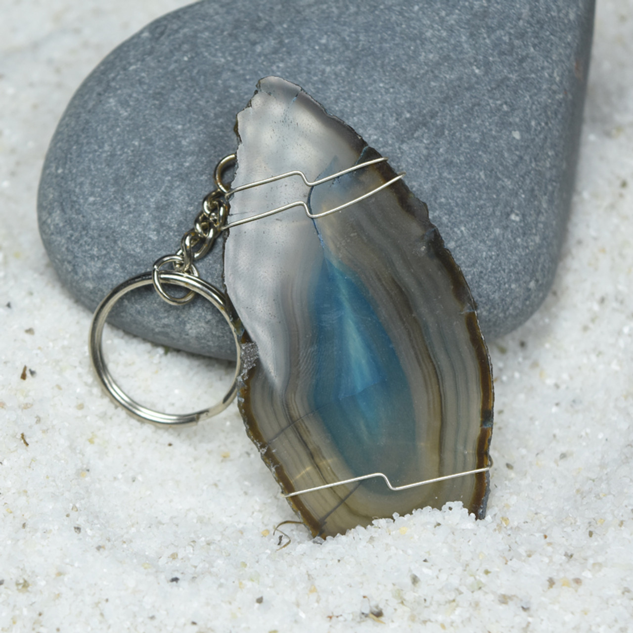 Wire Wrapped Blue Agate Slice Keychain