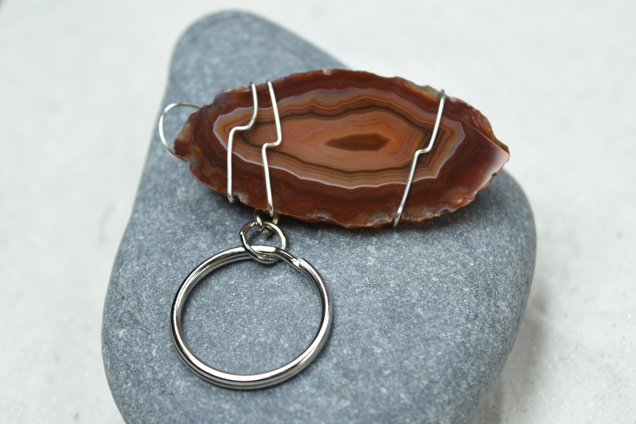 Wire Wrapped Natural Agate Slice Keychain