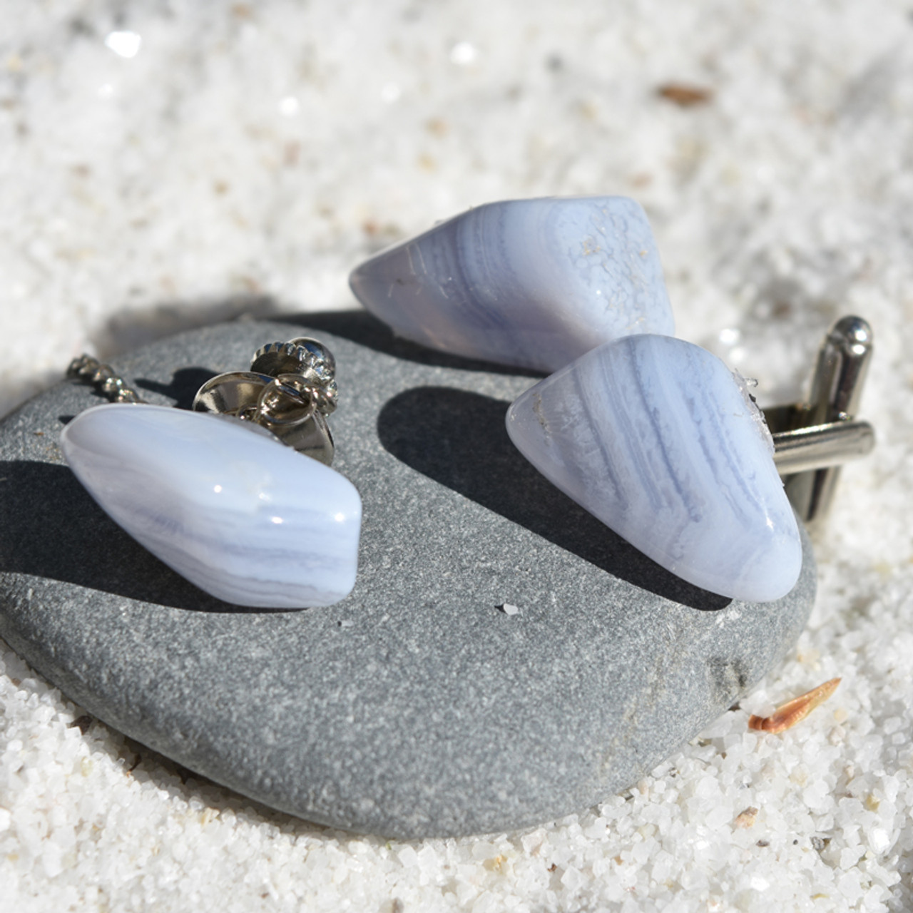 Blue Lace Agate Stone Cufflinks and Tie Tack Set