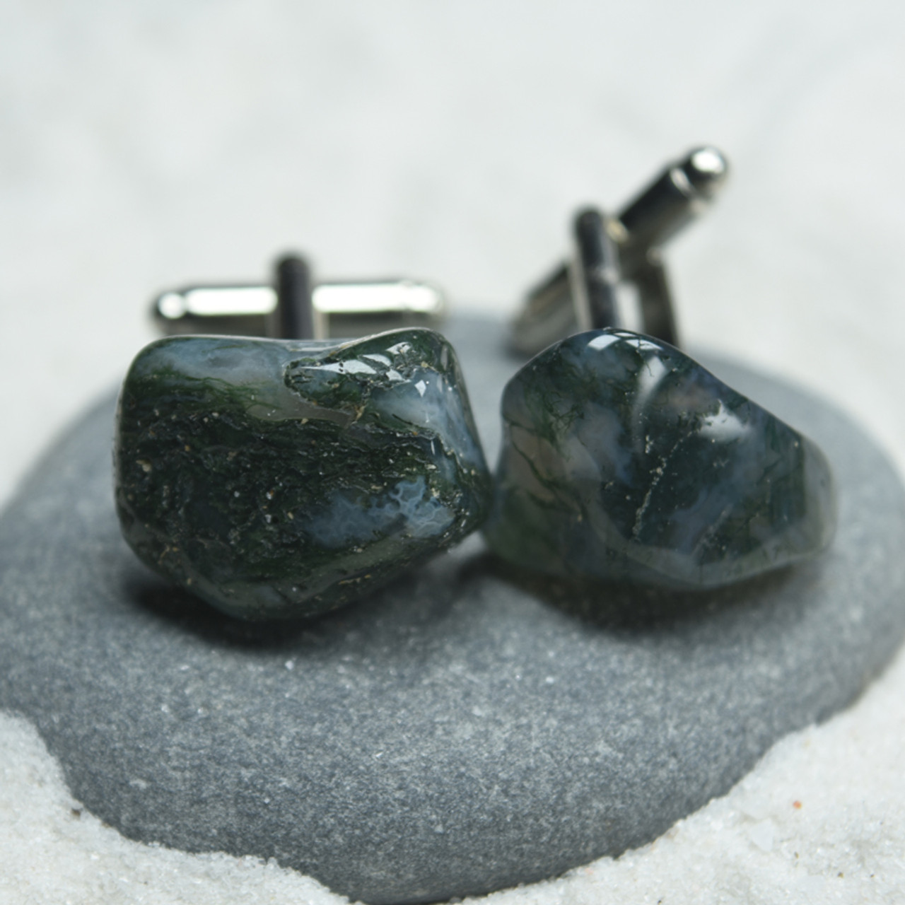 Tumbled Green Moss Agate Stone Cufflinks