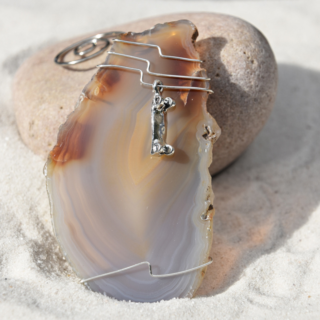 Skateboard Charm on a Wire Wrapped Agate Slice Ornament - Choose Your Agate Slice Color- Made to Order