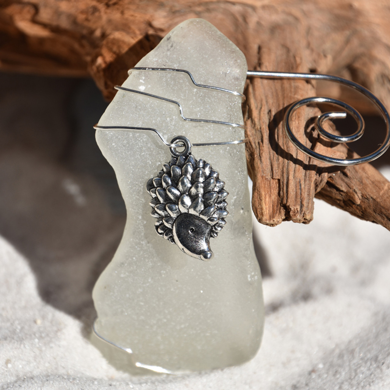 Hedgehog Charm on a Surf Tumbled Sea Glass Ornament - Choose Your Color Sea Glass Frosted, Green, and Brown - Made to Order