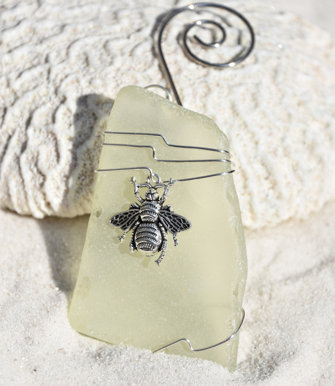 Honey Bee Charm on a Surf Tumbled Sea Glass Ornament - Choose Your Color Sea Glass Frosted, Green, and Brown - Made to Order