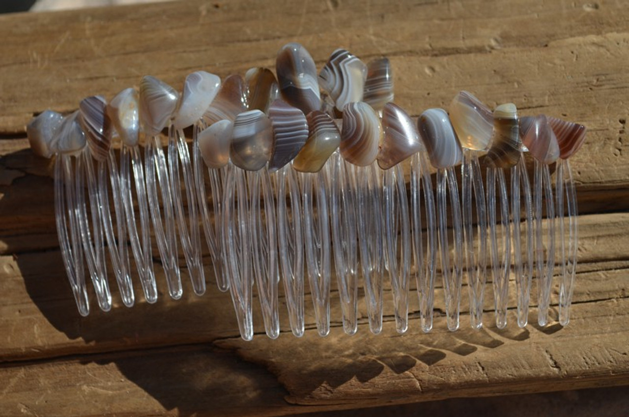Gray Banded Agate Stone Hair Combs