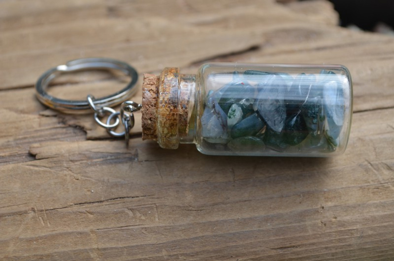 Green Moss Agate Stones in a Glass Vial Keychain