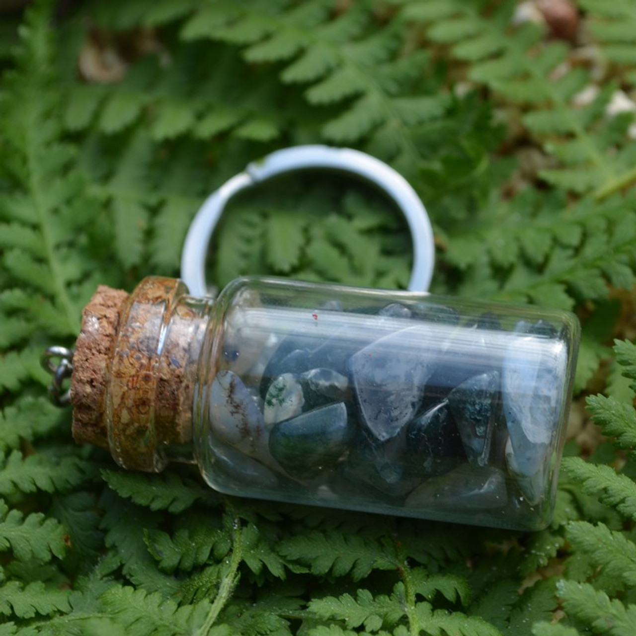 Green Moss Agate Stones in a Glass Vial Keychain - Made to Order
