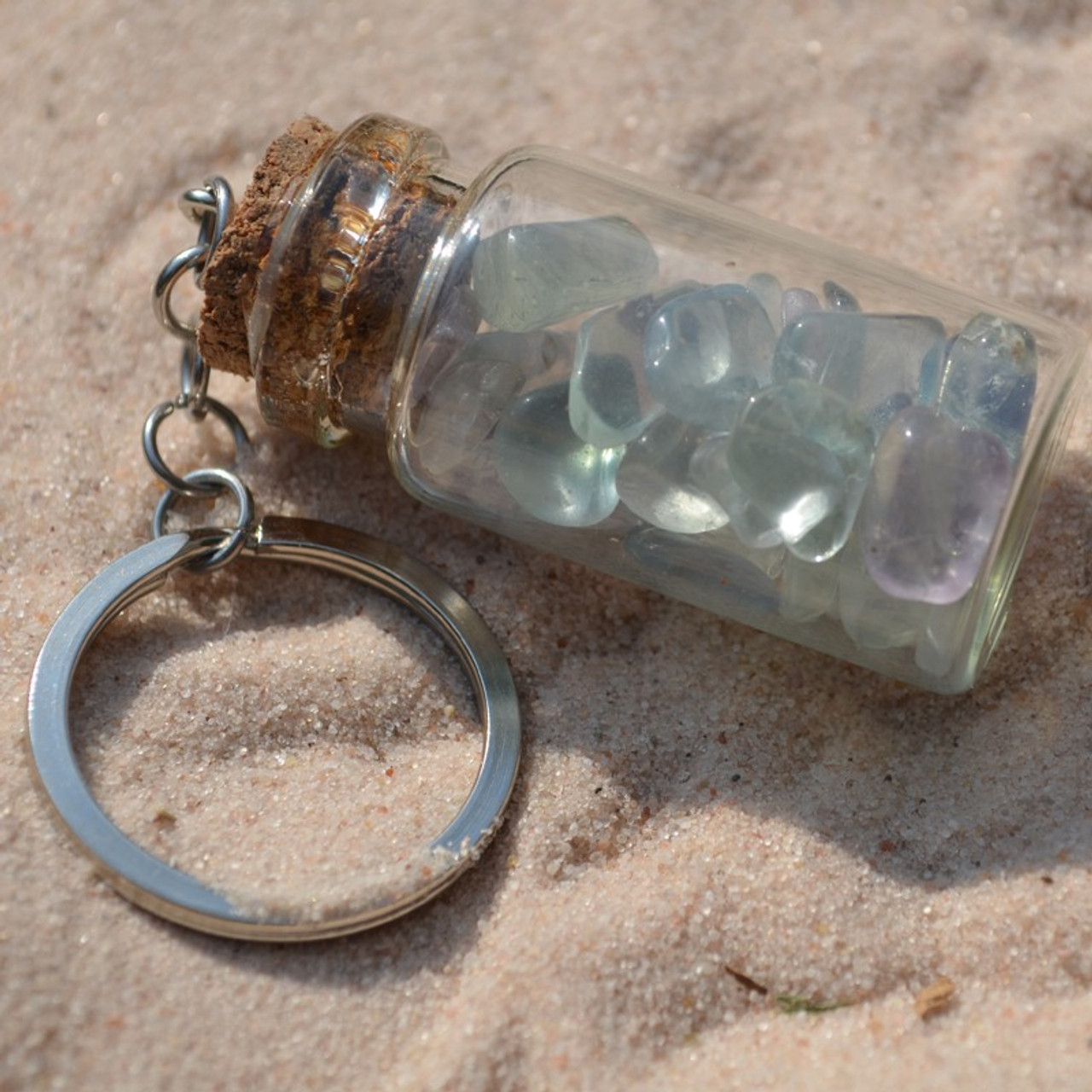 Tumbled Fluorite Stones in a Glass Vial Keychain