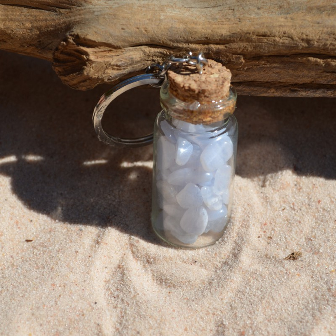 Blue Lace Agate Stones in a Glass Vial Keychain 