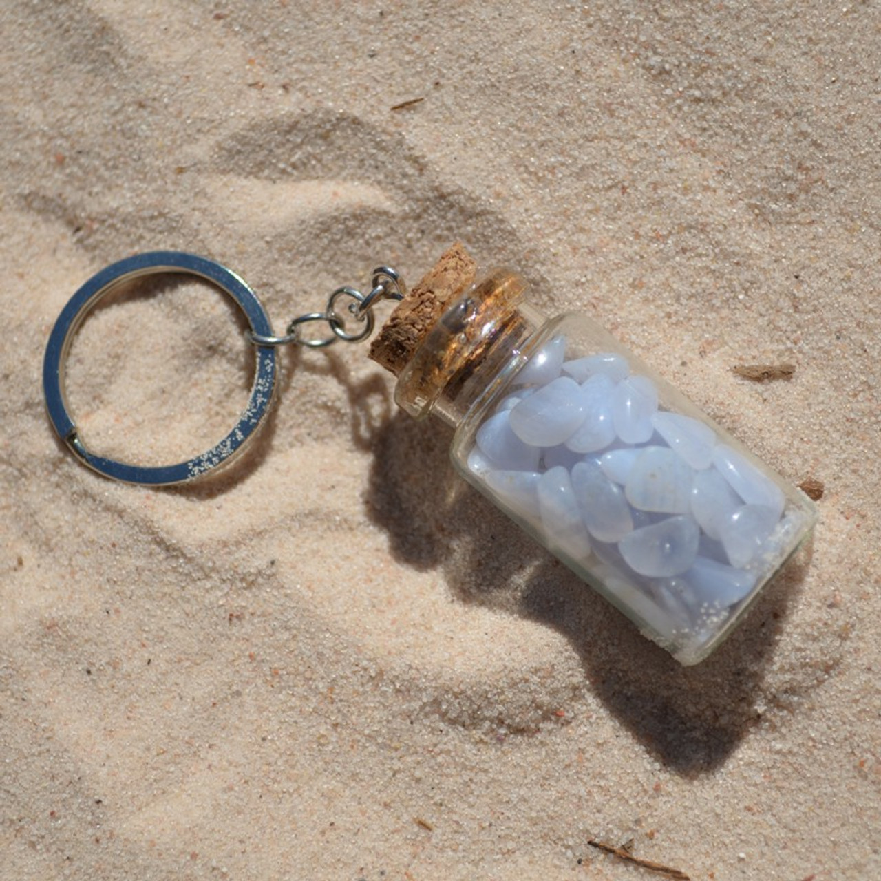 Blue Lace Agate Stones in a Glass Vial Keychain 