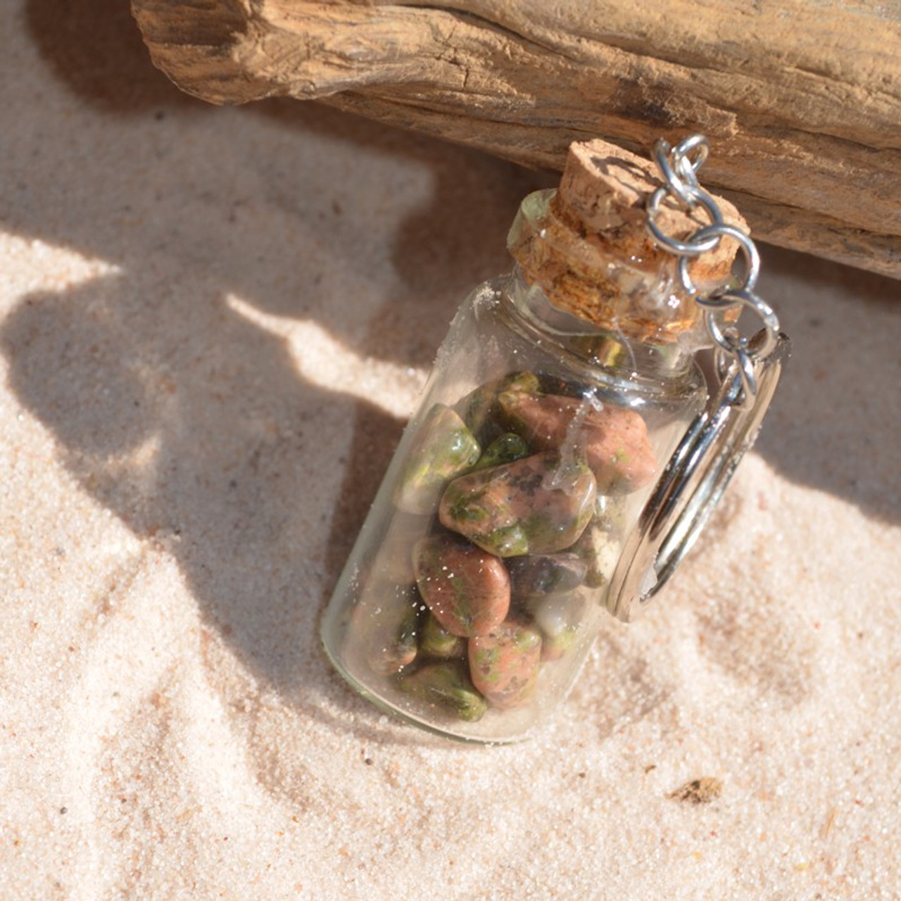 Tumbled Unakite Jasper Stones in a Glass Vial Keychain - Made to Order