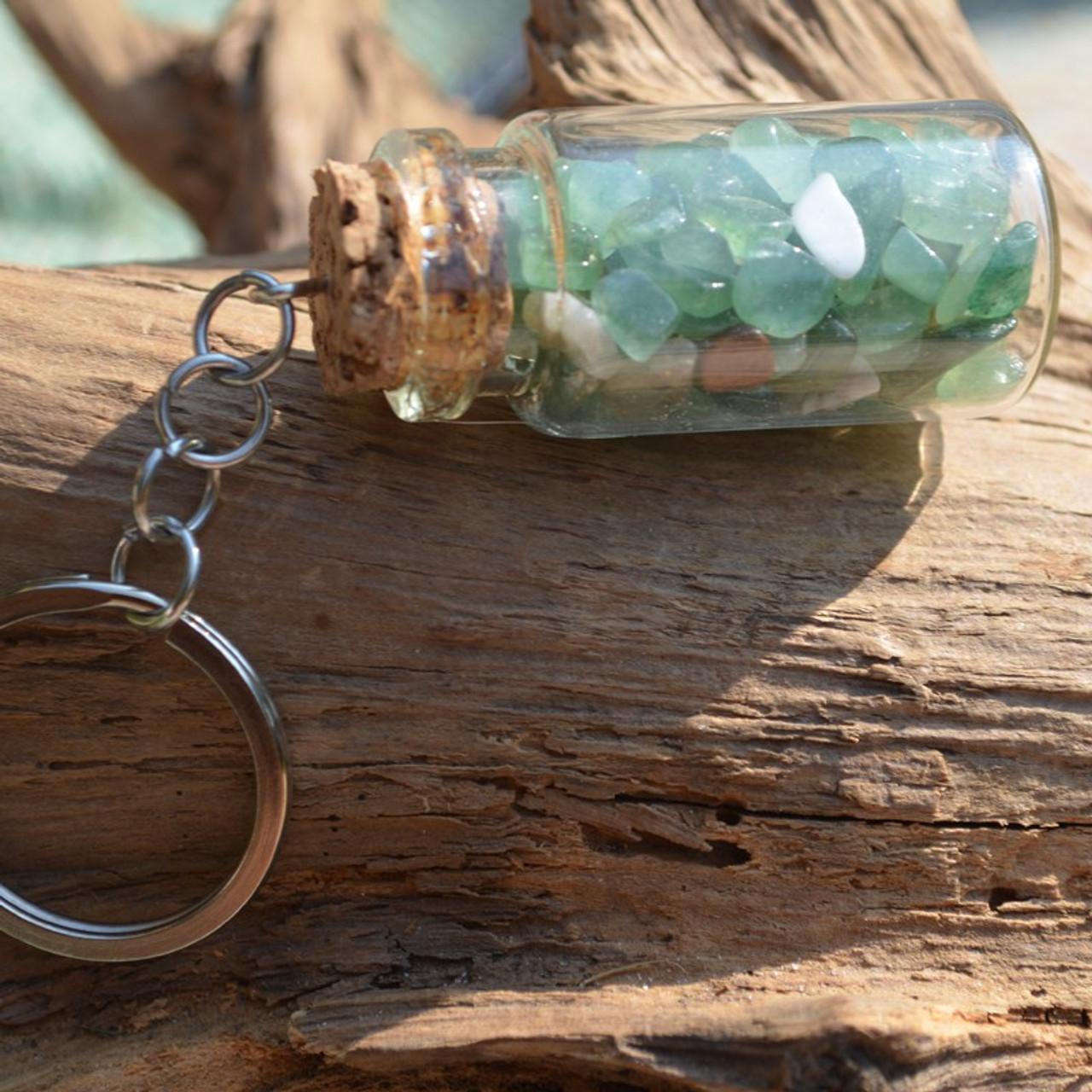 Green Quartz Stones in a Glass Vial Keychain - Made to Order
