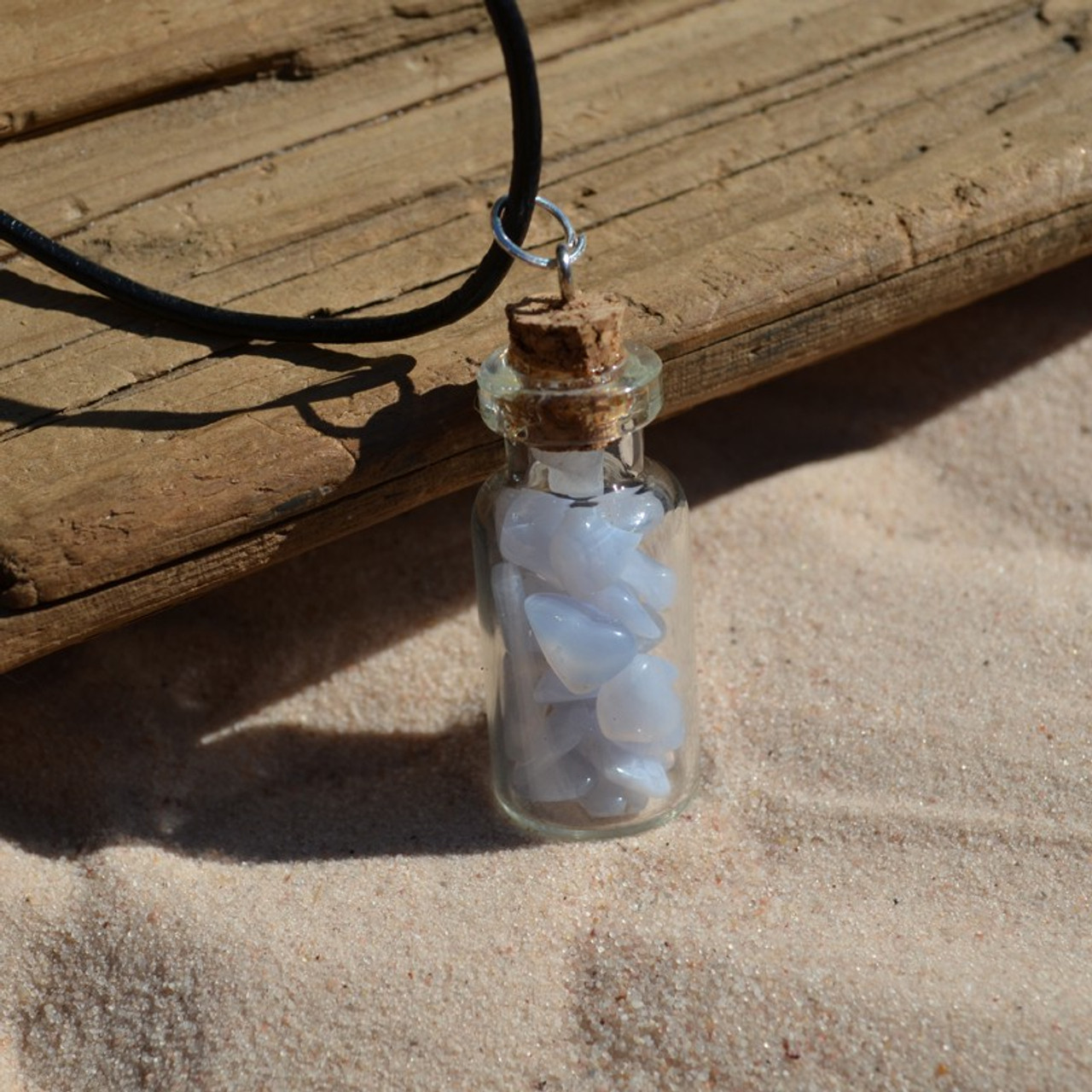 Blue Lace Agate Stones in a Glass Vial on a Leather Cord Necklace