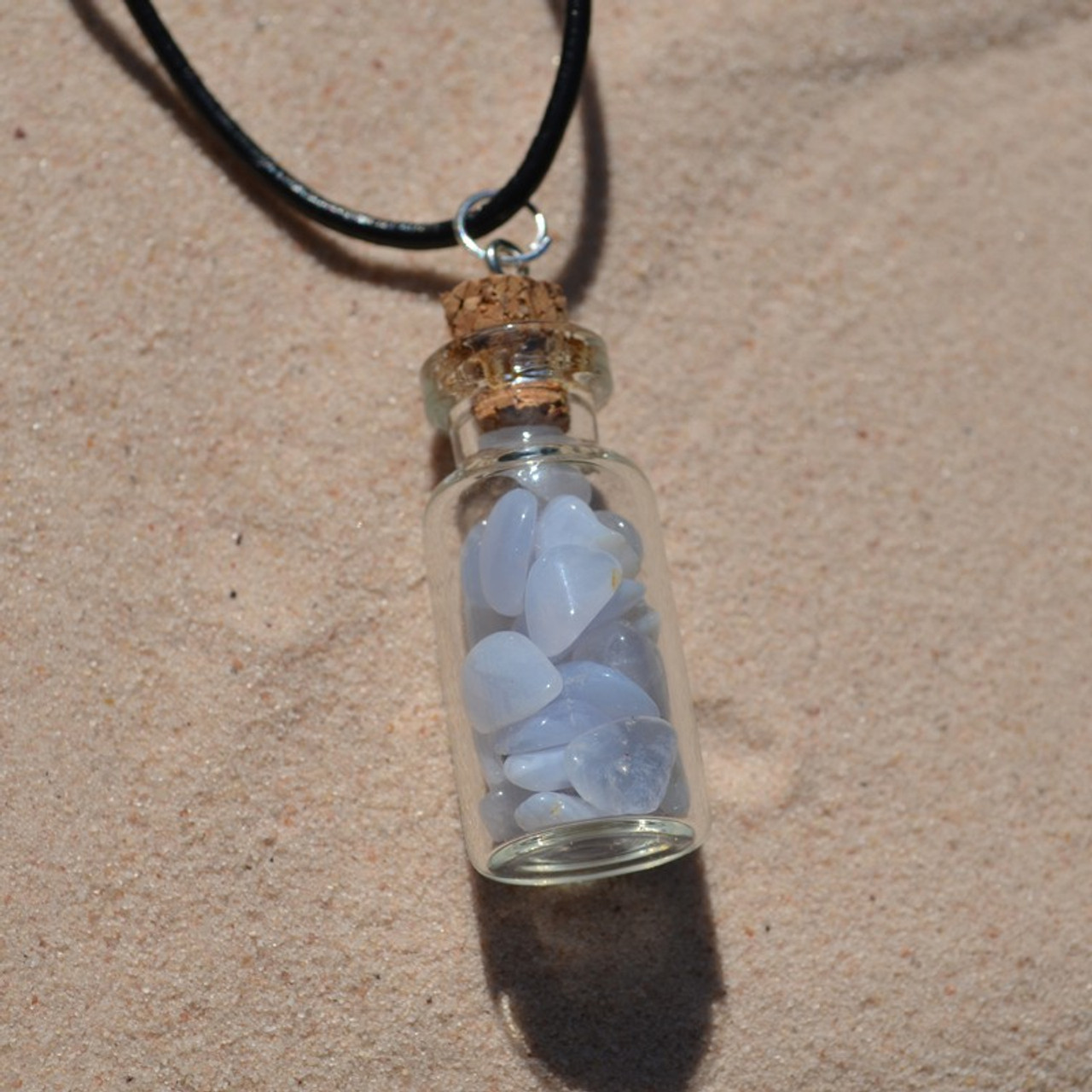 Blue Lace Agate Stones in a Glass Vial on a Leather Cord Necklace