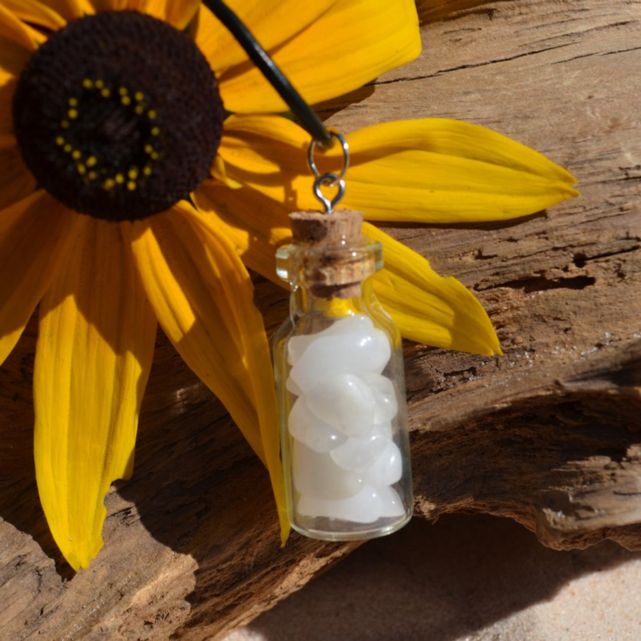 Snow Quartz Stones in a Glass Vial on a Leather Cord Necklace