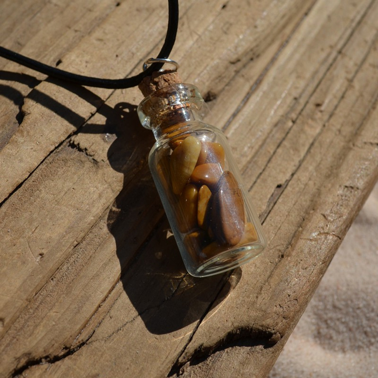 Yellow Jasper Stones in a Glass Vial on a Leather Cord Necklace