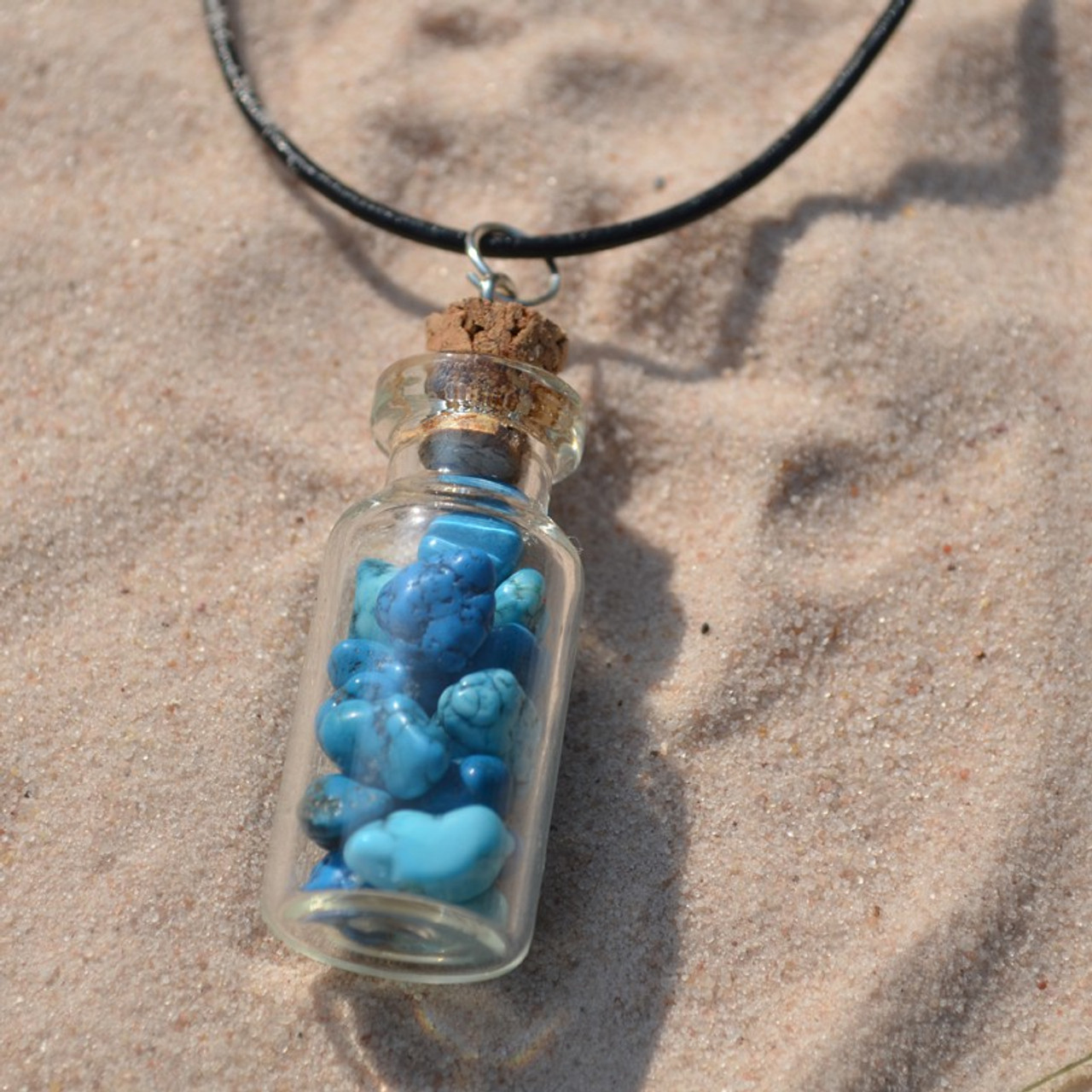 Magnesite Turquenite Stones in a Glass Vial on a Leather Cord Necklace - Made to Order