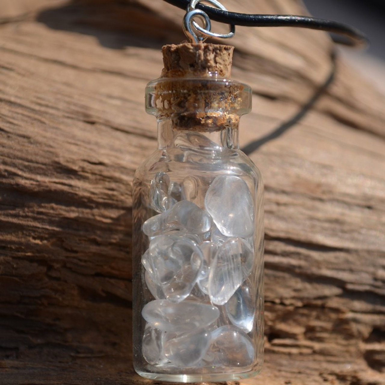 Crystal Quartz Stones in a Glass Vial on a Leather Cord Necklace