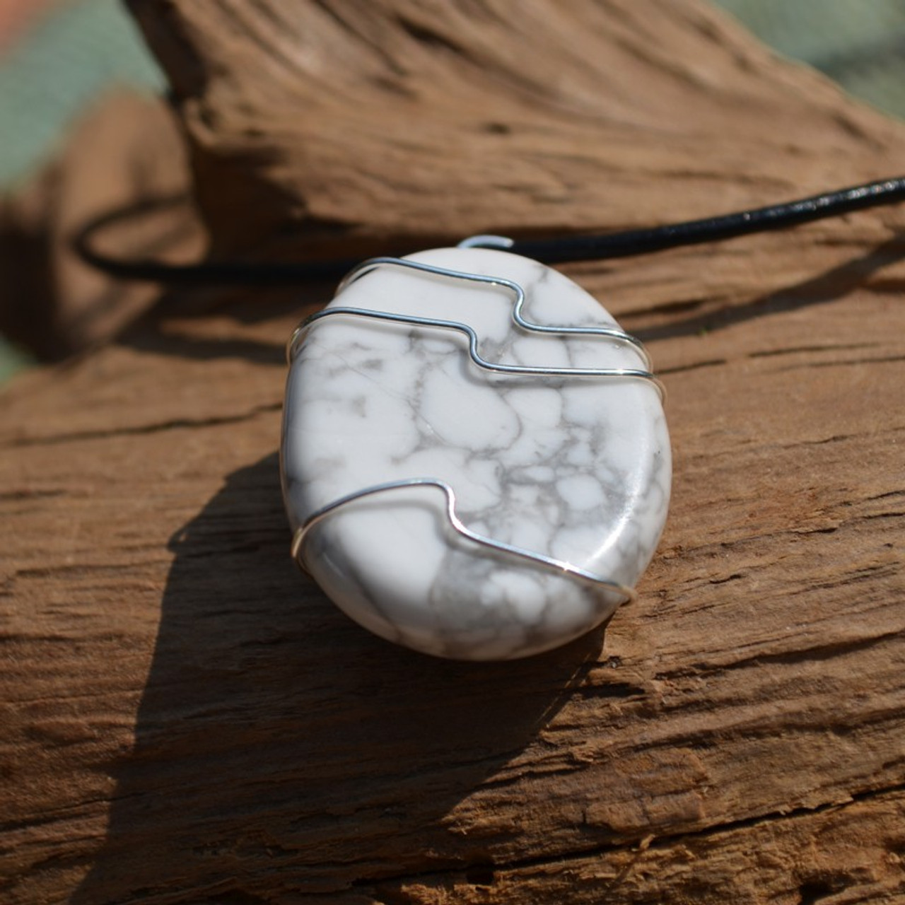 White Howlite Palm Stone Hand Wire Wrapped on a Leather Thong Necklace