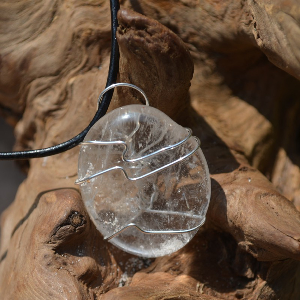 Crystal Quartz Palm Stone Hand Wire Wrapped on a Leather Thong Necklace - Made to Order