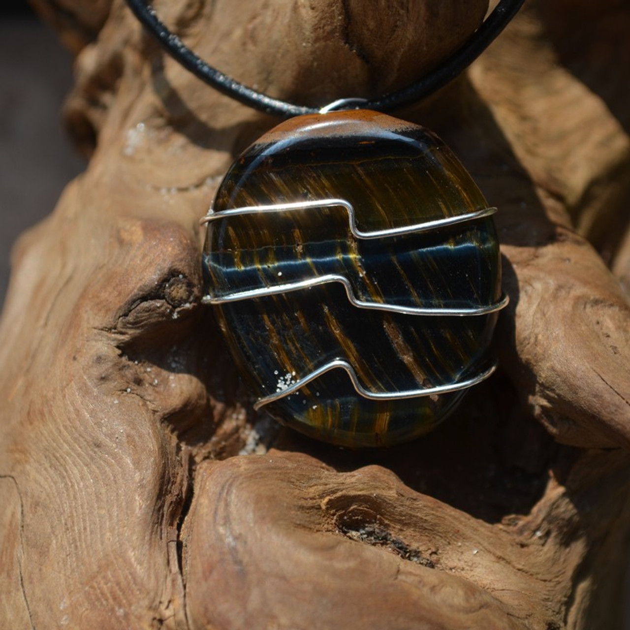 Blue Tiger's Eye Palm Stone Hand Wire Wrapped on a Leather Thong Necklace - Made to Order