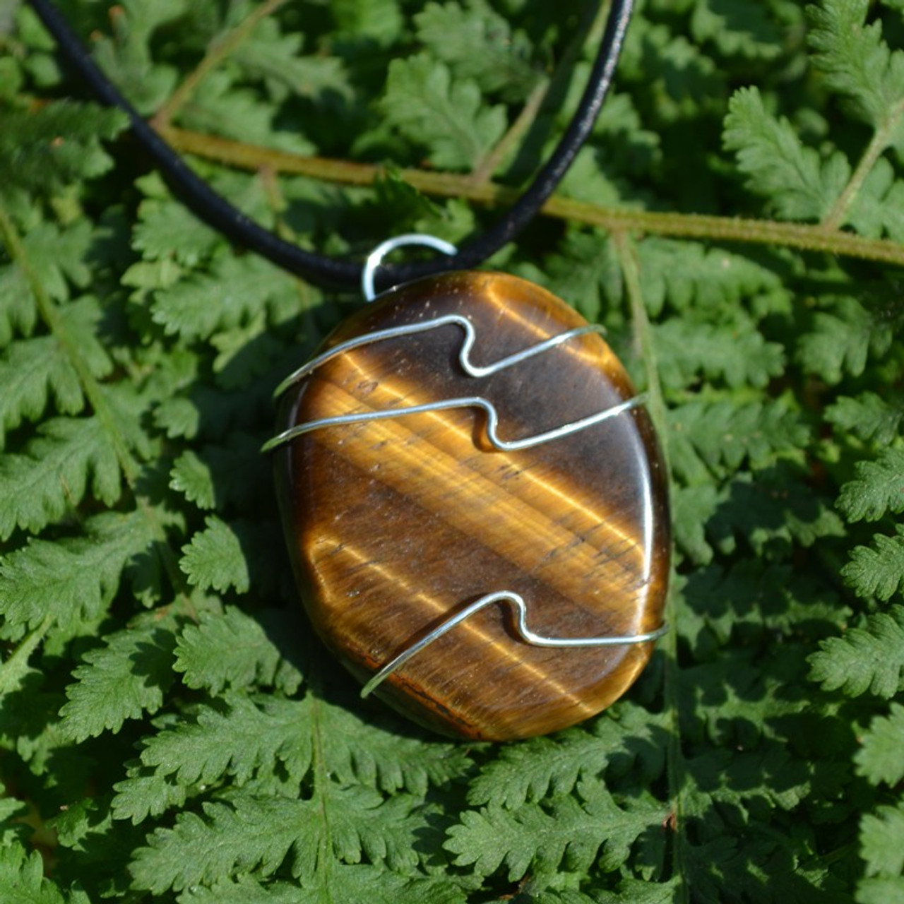 Gold Tiger's Eye Palm Stone Hand Wire Wrapped on a Leather Thong Necklace - Made to Order