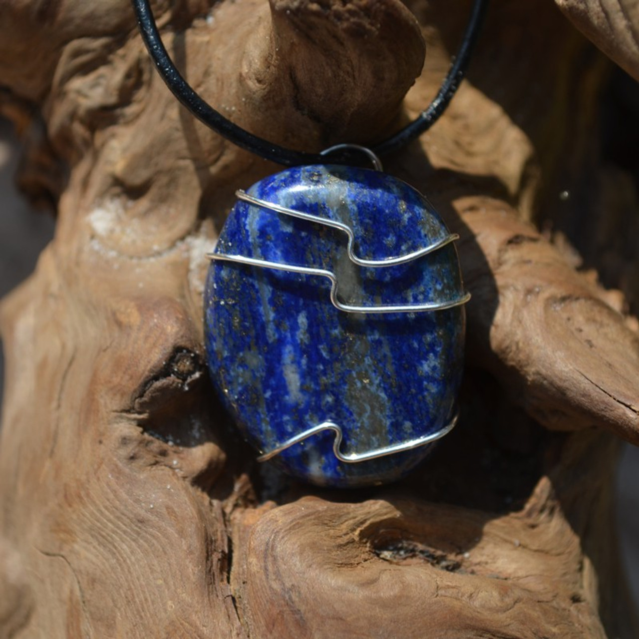 Lapis Lazuli Palm Stone Hand Wire Wrapped on a Leather Thong Necklace 