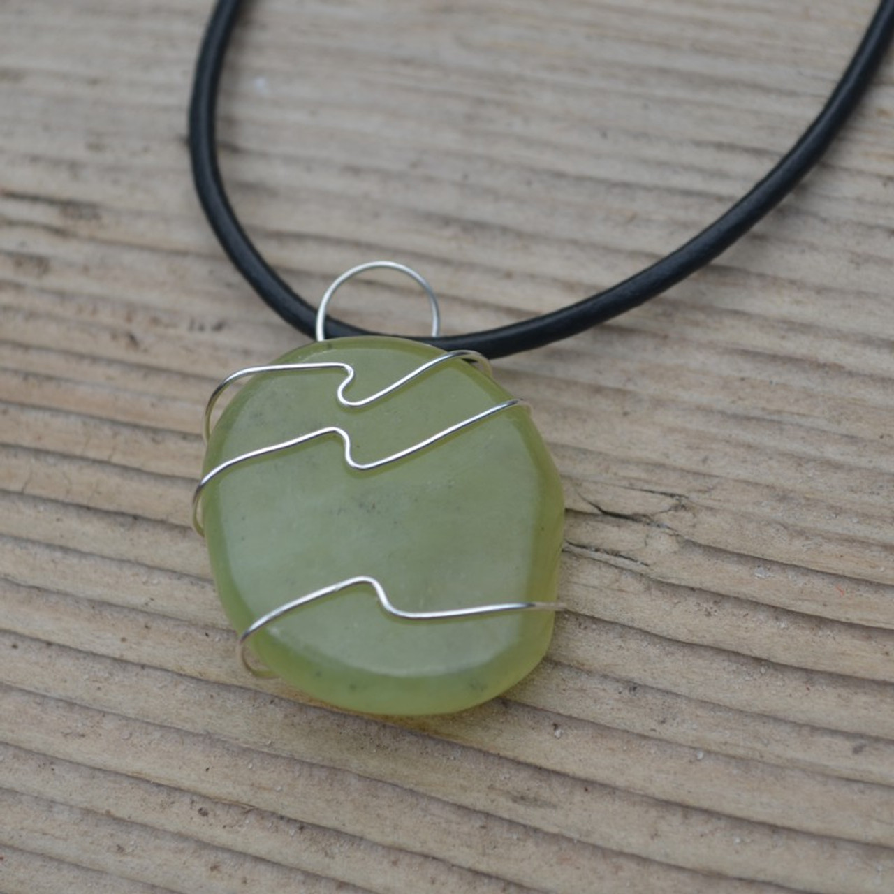 Jade Palm Stone Hand Wire Wrapped on a Leather Thong Necklace