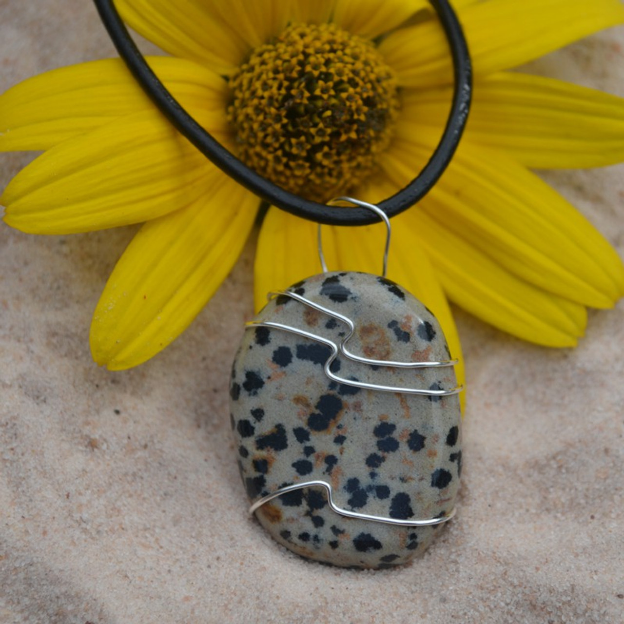 Dalmatian Jasper Palm Stone Hand Wire Wrapped on a Leather Thong Necklace