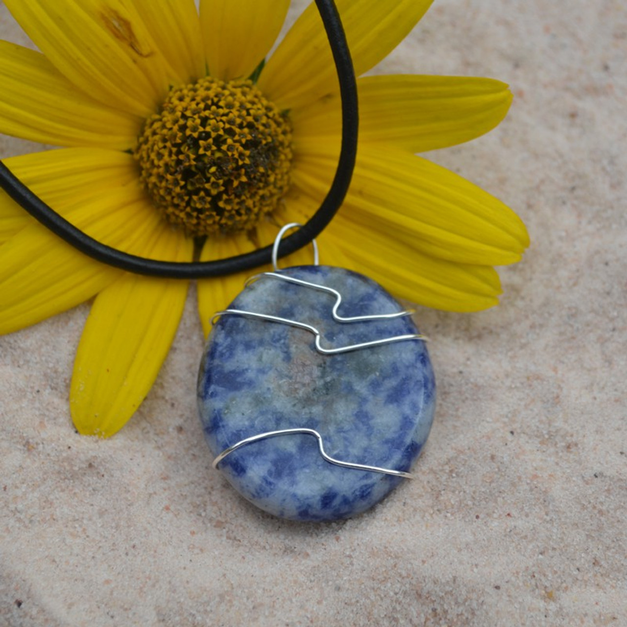 Sodalite Palm Stone Hand Wire Wrapped on a Leather Thong Necklace