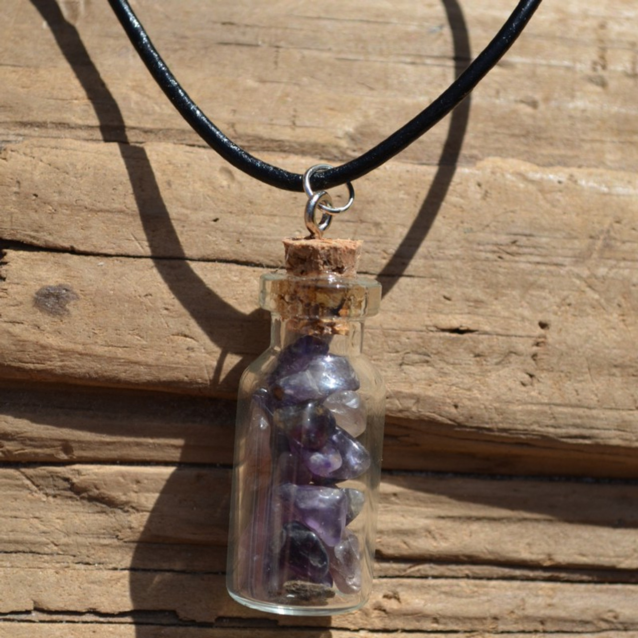 Amethyst Stones in a Glass Vial on a Leather Cord Necklace - Made to Order