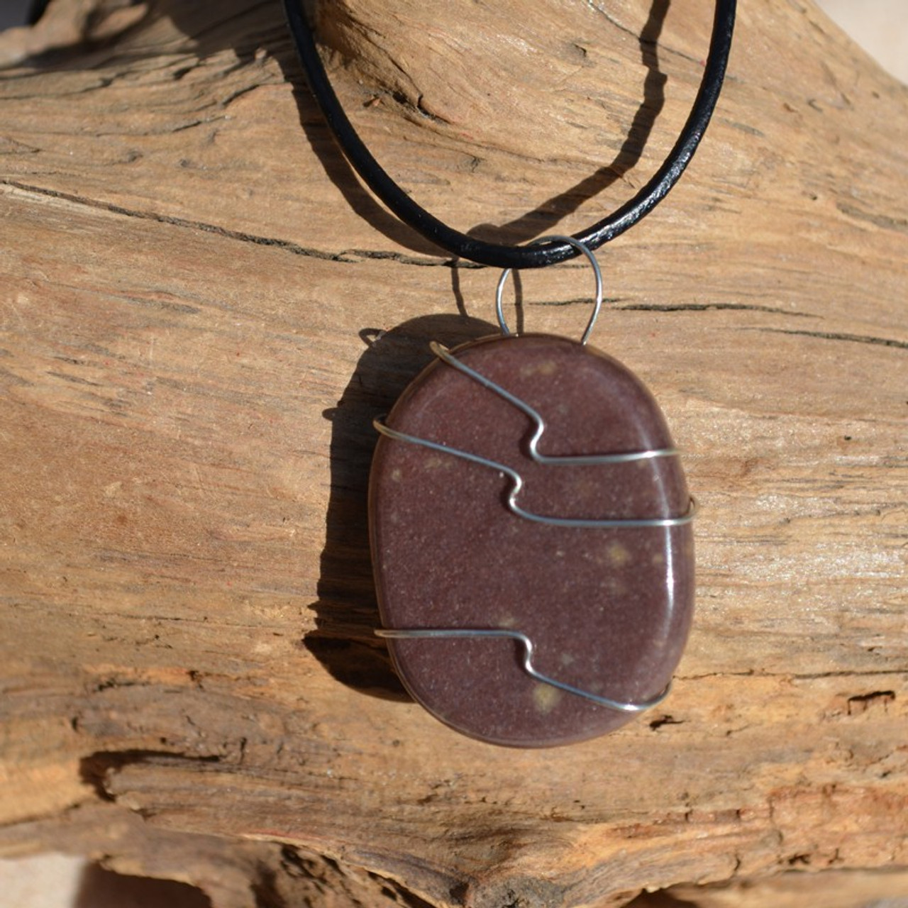 Purple Aventurine Palm Stone Hand Wire Wrapped on a Leather Thong Necklace - Made to Order