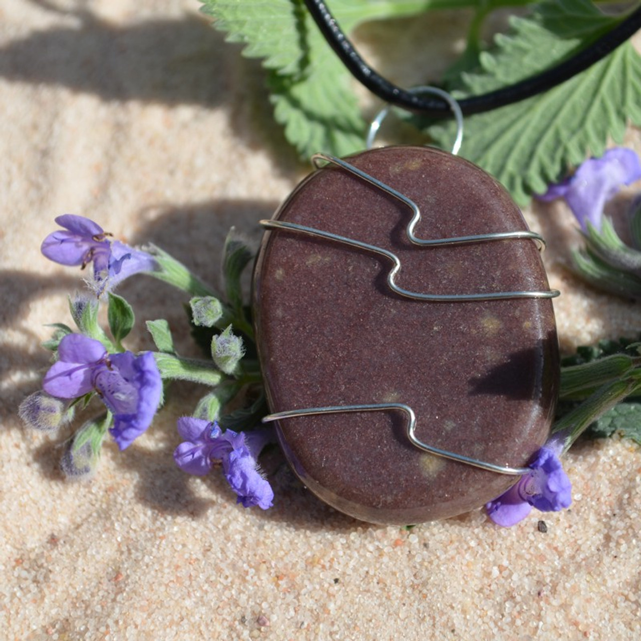 Purple Aventurine Palm Stone Hand Wire Wrapped on a Leather Thong Necklace