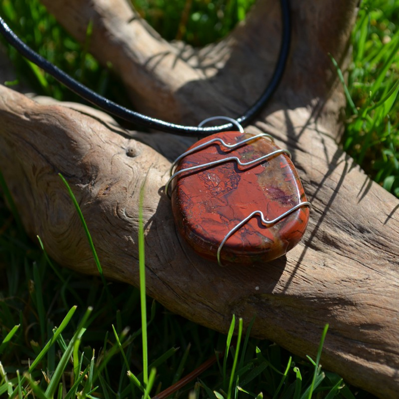 Brecciated Jasper Palm Stone Hand Wire Wrapped on a Leather Thong Necklace - Made to Order