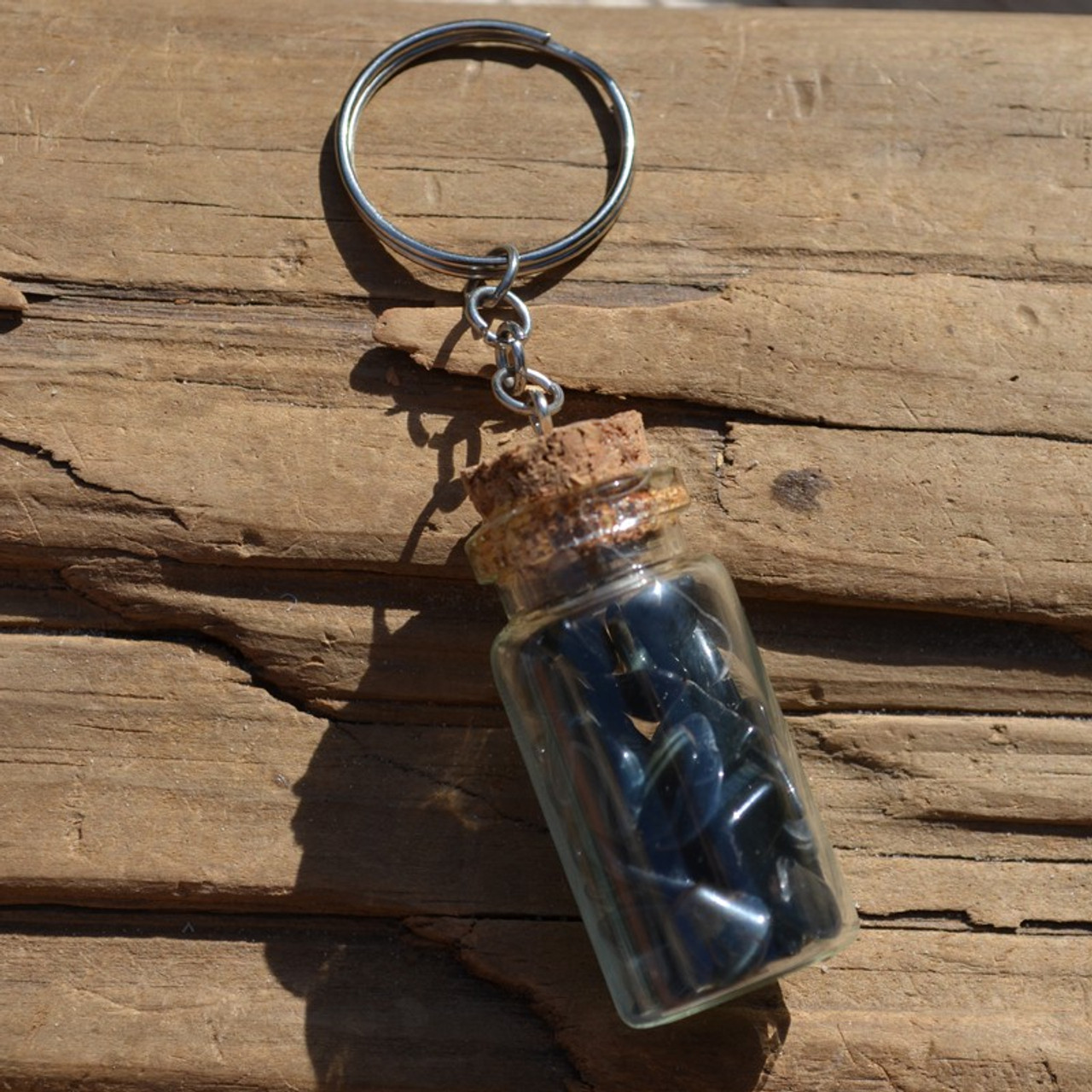 Blue Tiger's Eye Stones in a Glass Vial Keychain