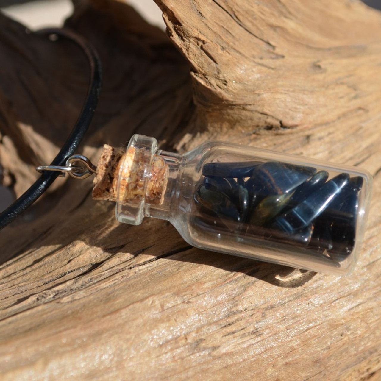 Blue Tiger's Eye Stones in a Glass Vial on a Leather Cord Necklace