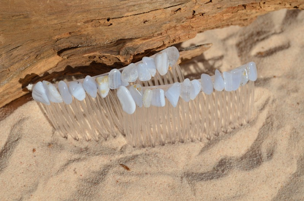 Blue Lace Agate Stone Hair Combs (Quantity of 2) - Made to Order