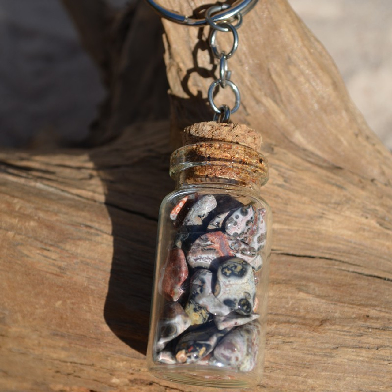 Leopard Skin Jasper Stones in a Glass Vial Keychain