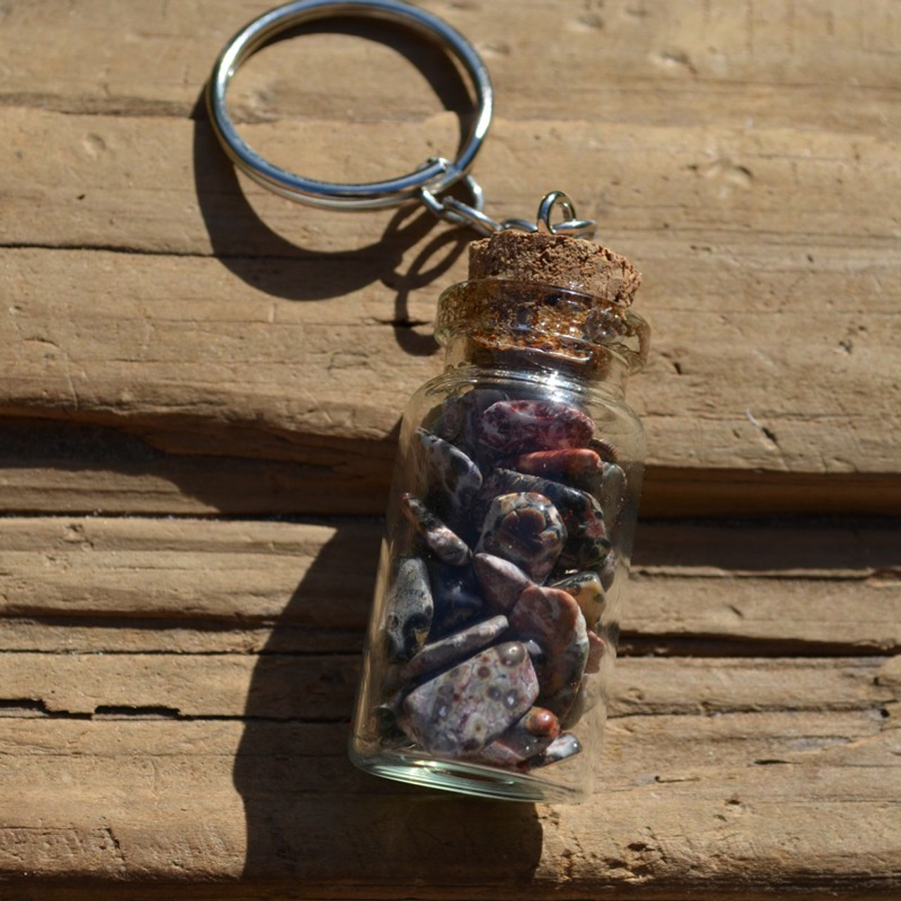 Leopard Skin Jasper Stones in a Glass Vial Keychain - Made to Order