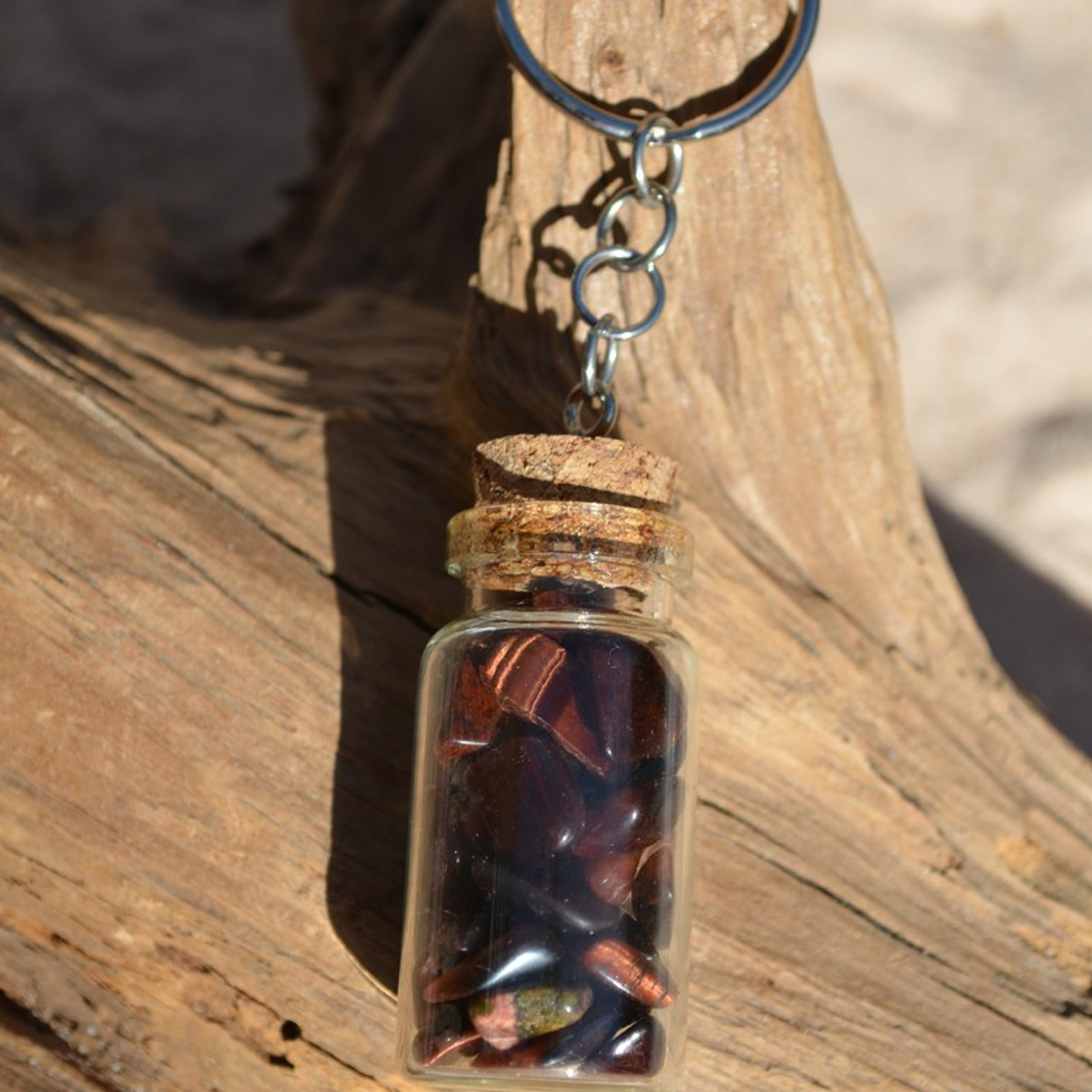 Red Tiger's Eye Stones in a Glass Vial Keychain