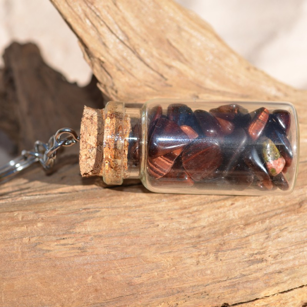 Red Tiger's Eye Stones in a Glass Vial Keychain