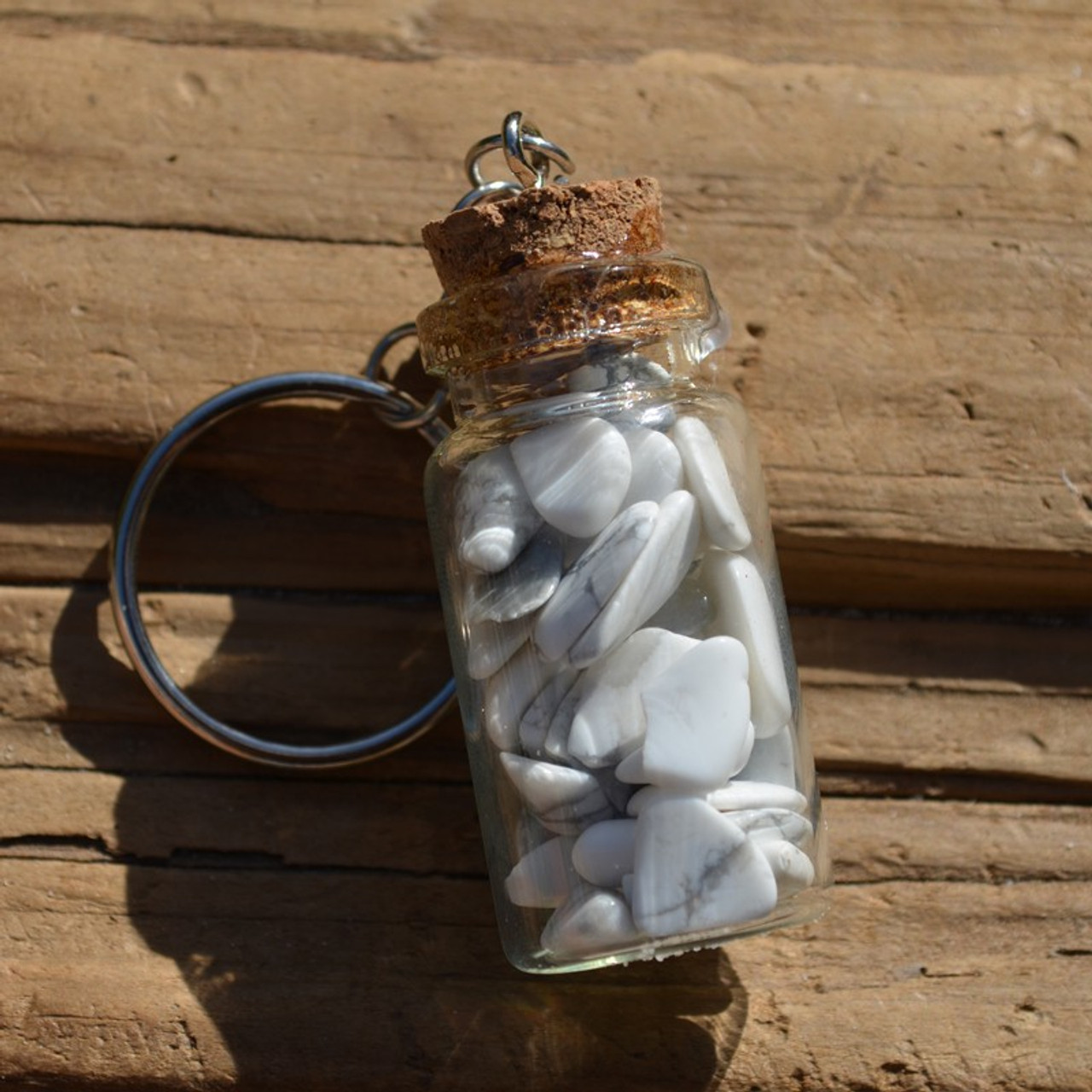 White Howlite Stones in a Glass Vial Keychain