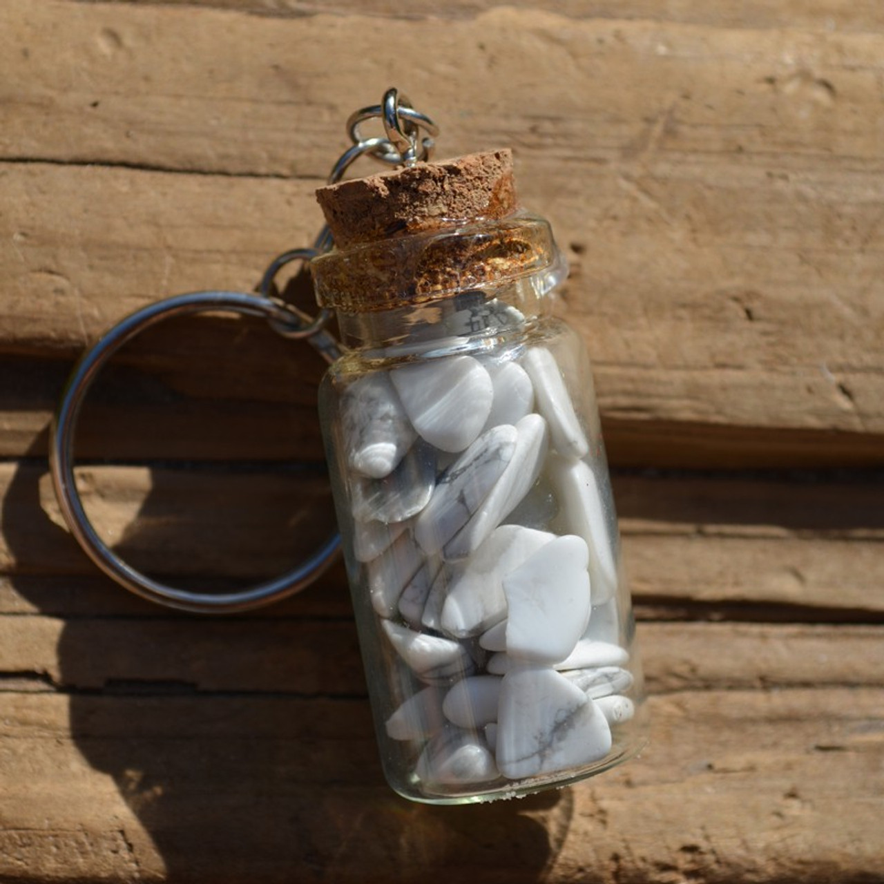 White Howlite Stones in a Glass Vial Keychain