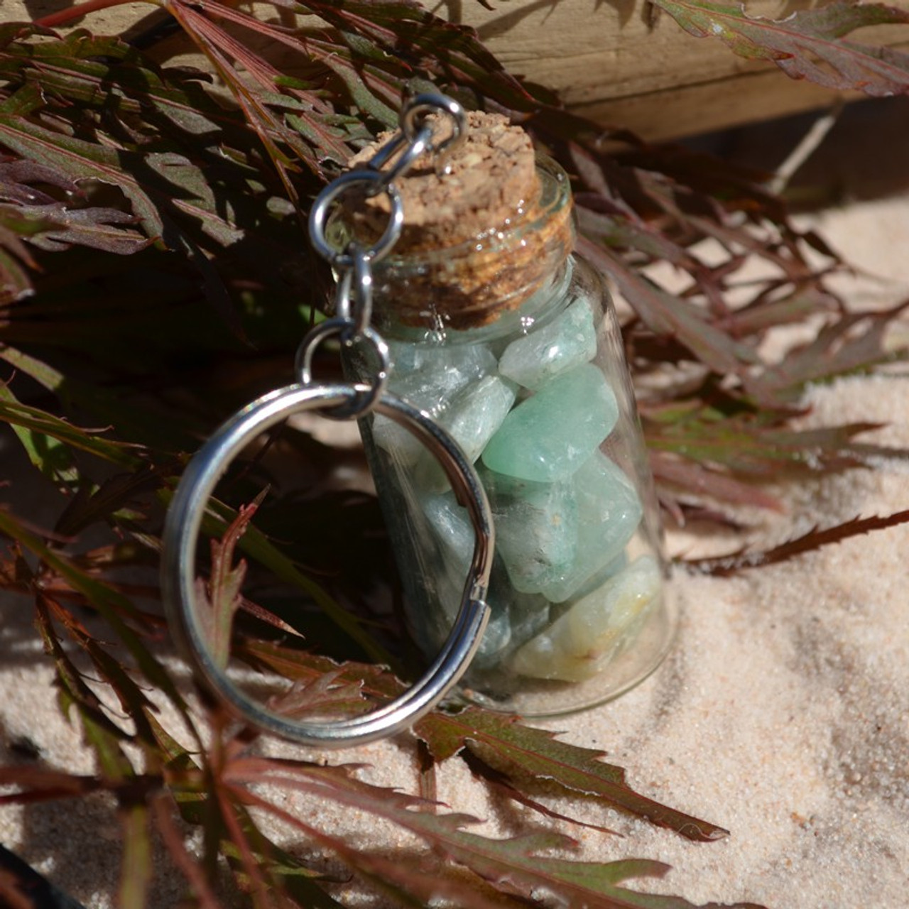 Green Aventurine Stones in a Glass Vial Keychain