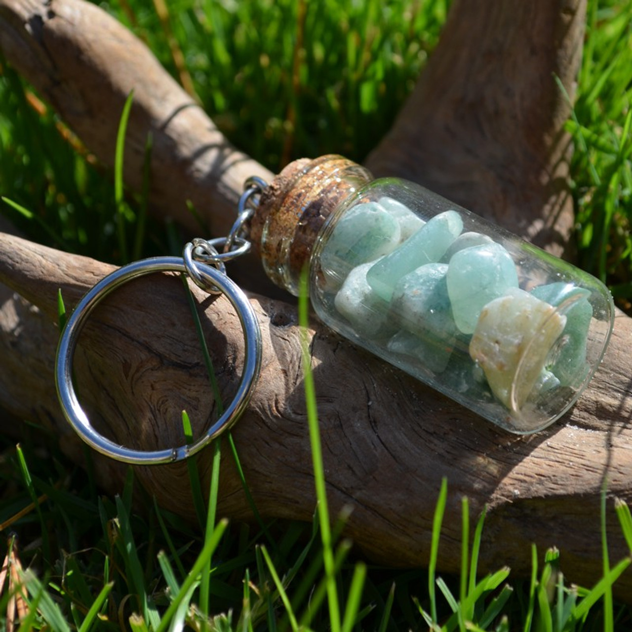 Green Aventurine Stones in a Glass Vial Keychain - Made to Order