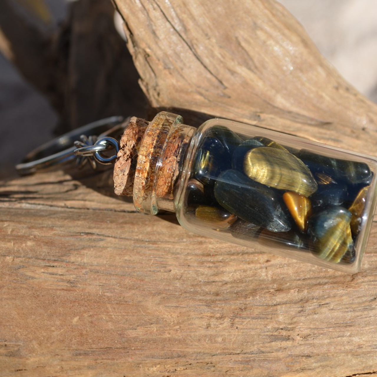 Tiger's Eye Stones in a Glass Vial Keychain