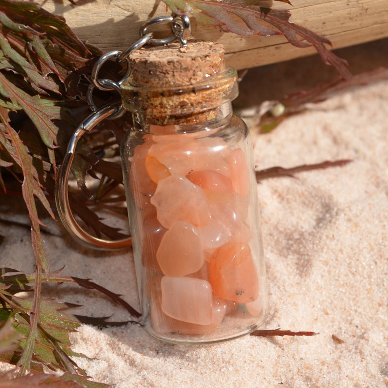 Peach Quartz Stones in a Glass Vial Keychain 