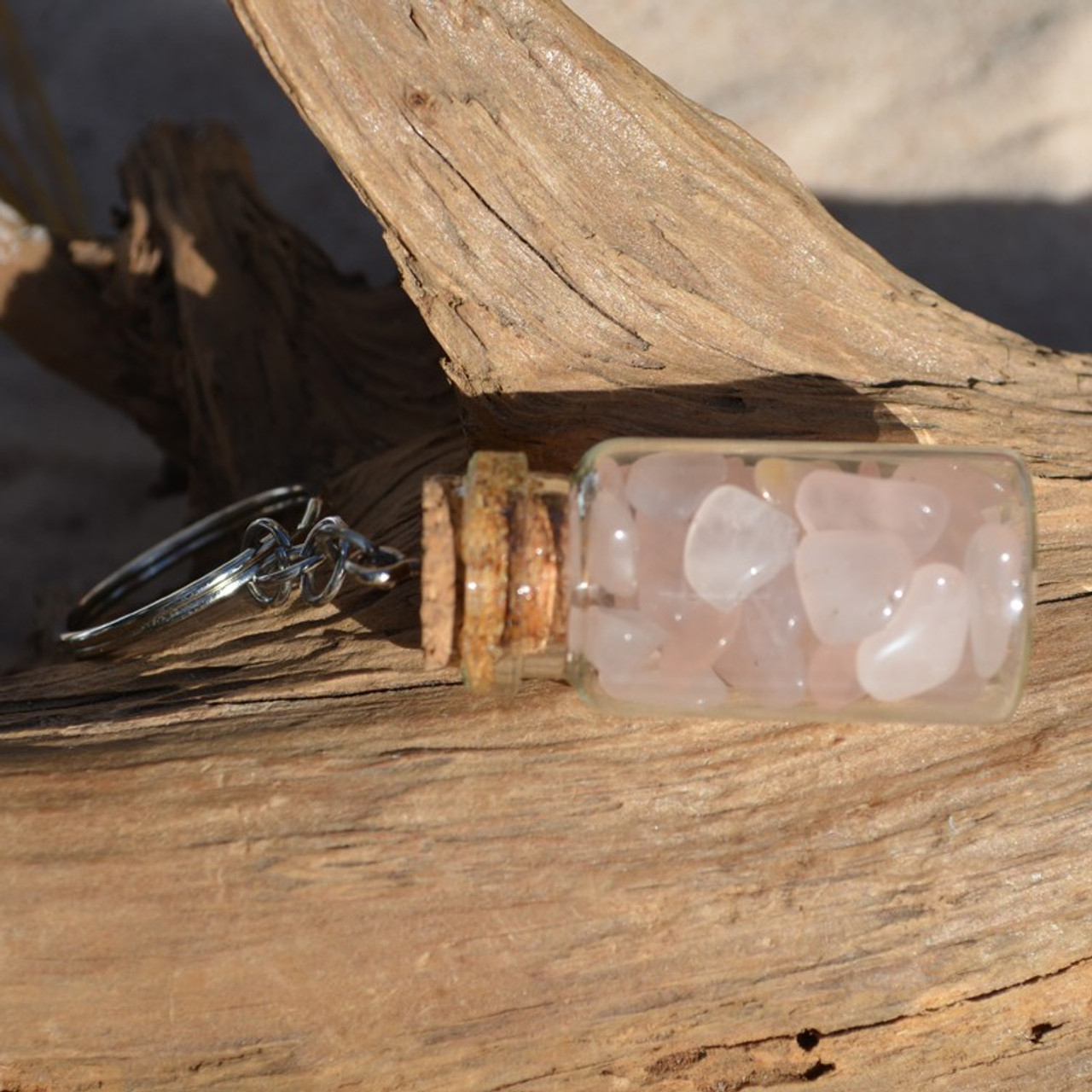 Rose Quartz Stones in a Glass Vial Keychain - Made to Order